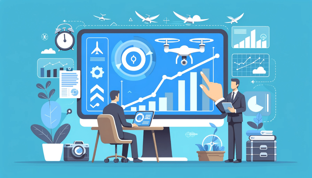 A cartoon style image of a person analyzing financial charts and business data on a computer screen, representing the financial planning and analysis