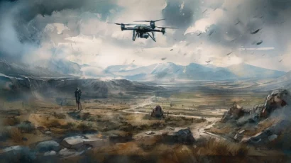 Drone Flying over field in watercolor