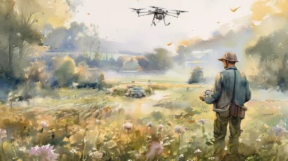 Watercolor Painting of Drone over field