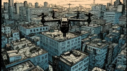 Comic Book Style Drone Flying Over City