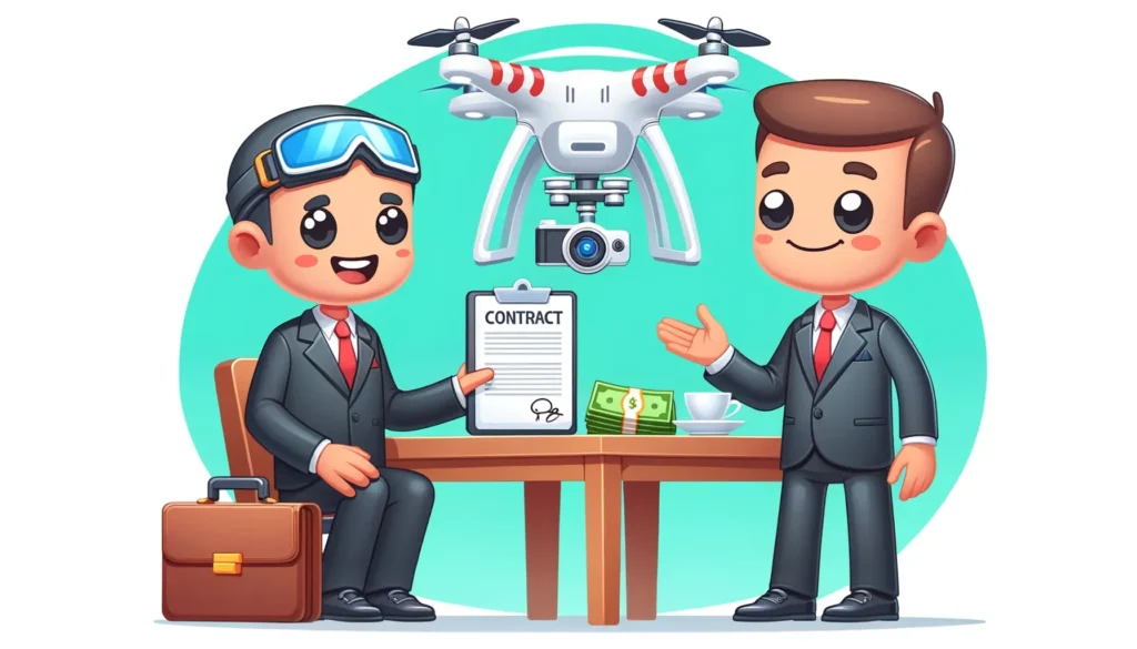 A cartoon style image of a drone pilot negotiating a contract with a client, highlighting the business aspect of drone piloting