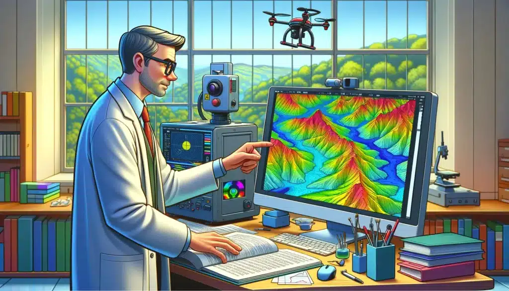 A cartoon representation of a scientist in a lab, examining a large, colorful, 3D topographical map displayed on a computer screen. The map shows variety of elevations