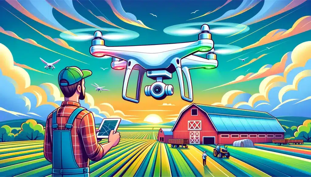 A modern cartoon illustration of a drone flying over a farm, capturing data with advanced sensors, in bright, engaging colors.