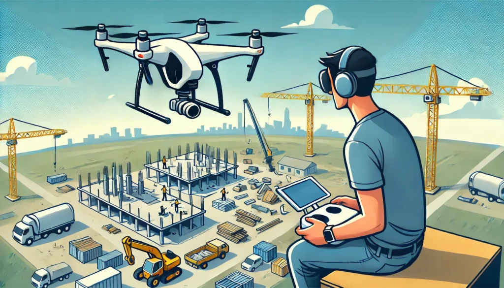 A-cartoon-style-illustration-of-a-drone-pilot-inspecting-a-construction-site-from-the-air.-The-pilot-is-controlling-a-drone-while-looking-at-the-site