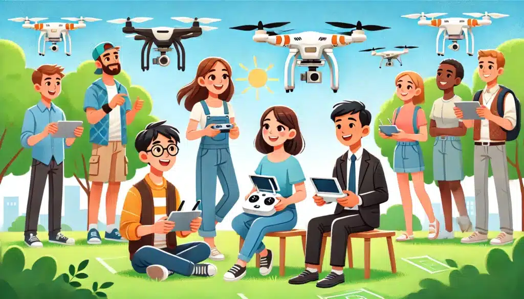 A-cartoon-style-illustration-of-a-diverse-group-of-drone-pilots-working-together-flying-drones-in-a-sunny-park-setting.