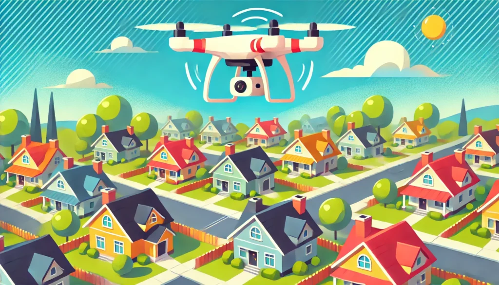 A-cartoon-style-illustration-of-a-drone-flying-over-a-suburban-neighborhood-capturing-images-of-rooftops.