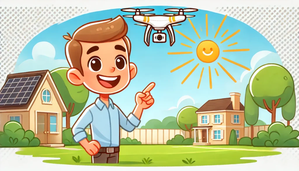 A-cartoon-style-illustration-of-a-homeowner-looking-at-a-drone-in-the-sky-excited-about-their-upcoming-roof-assessment.