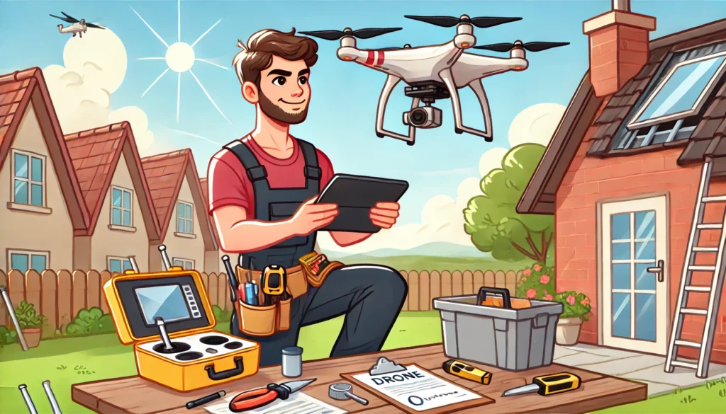 A cartoon-style illustration of a drone pilot preparing to launch a drone for a roof assessment.