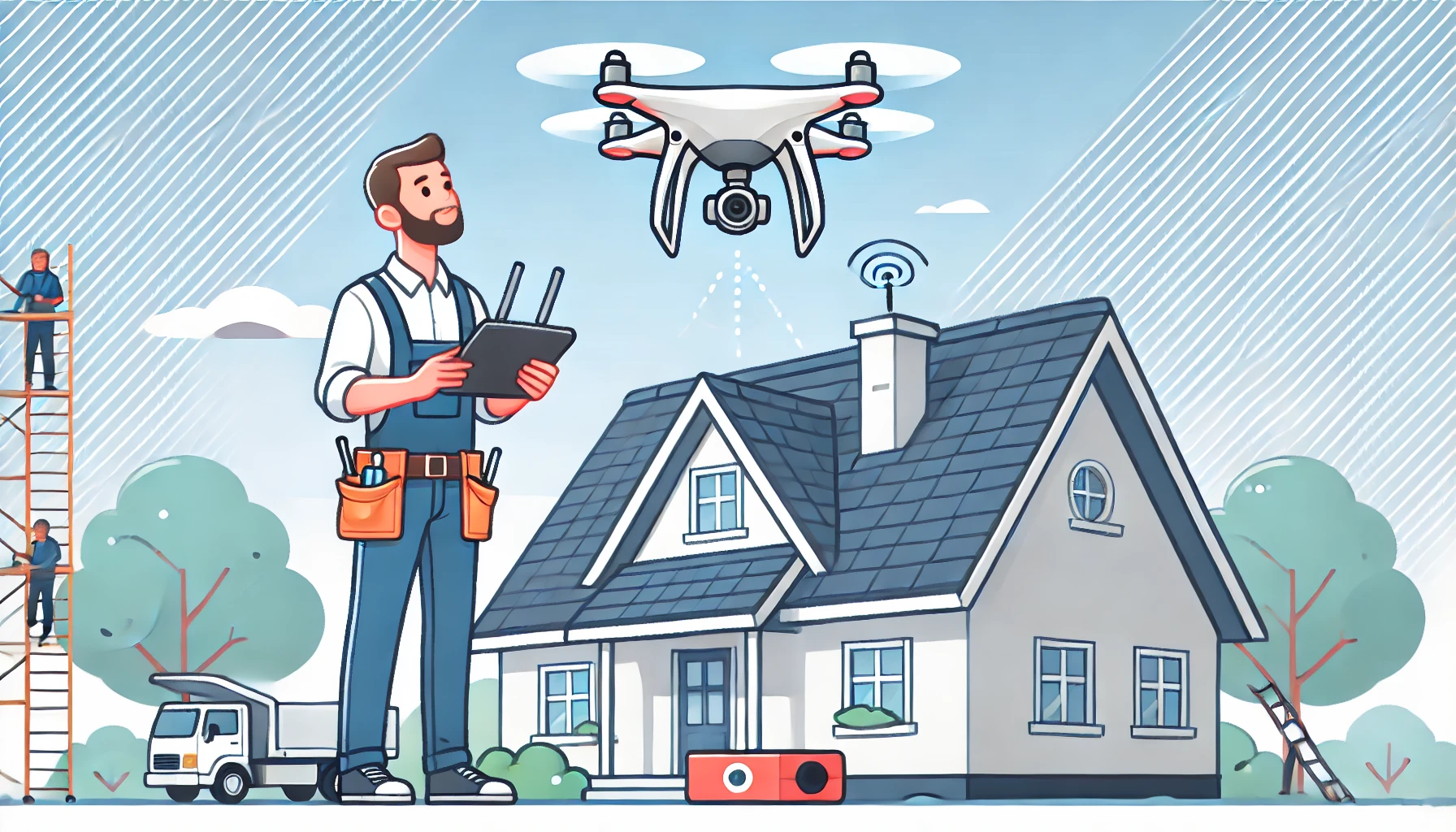 A-cartoon-style-image-of-a-roofer-using-drone-technology-to-inspect-a-roof.